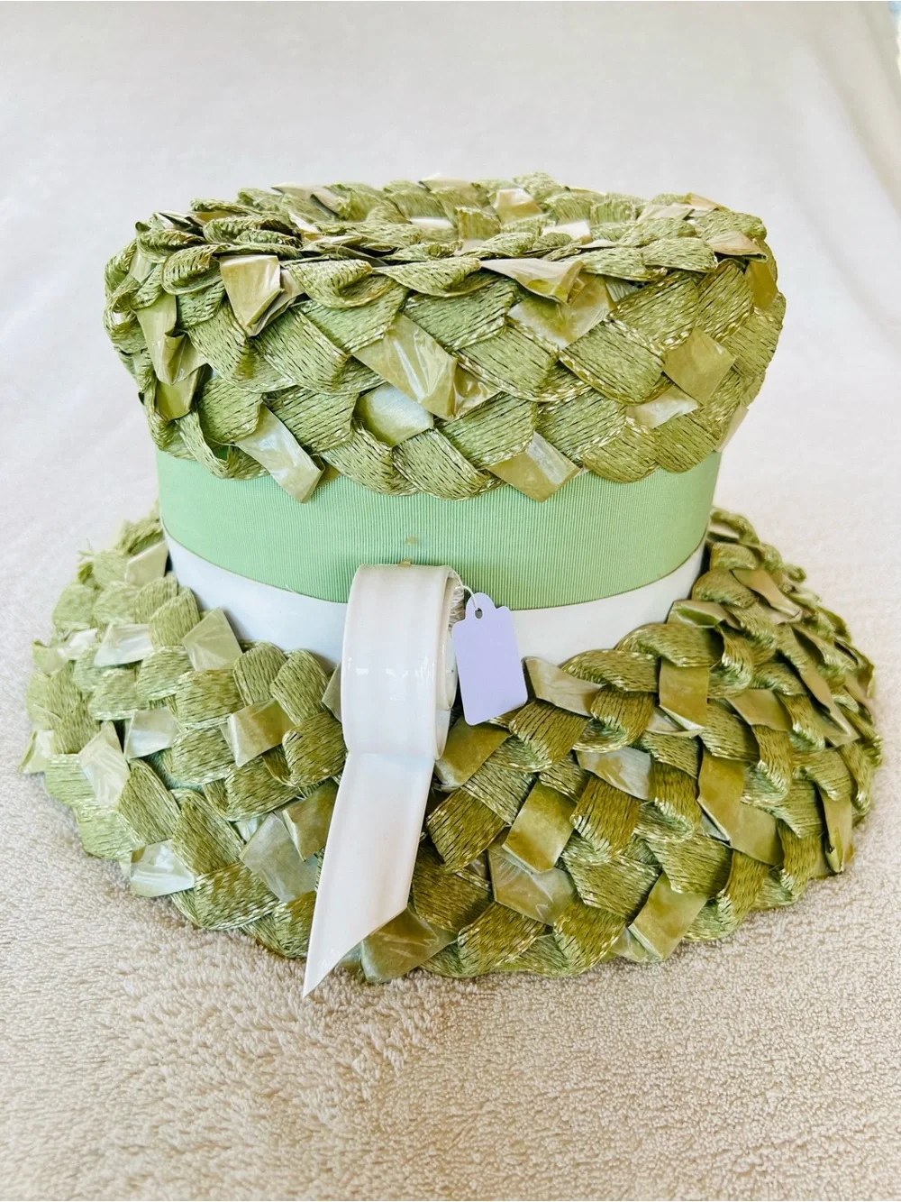 Vintage 1950s Sage Green Woven Straw Hat Textured Ribbon Detail Mid-Century Chic